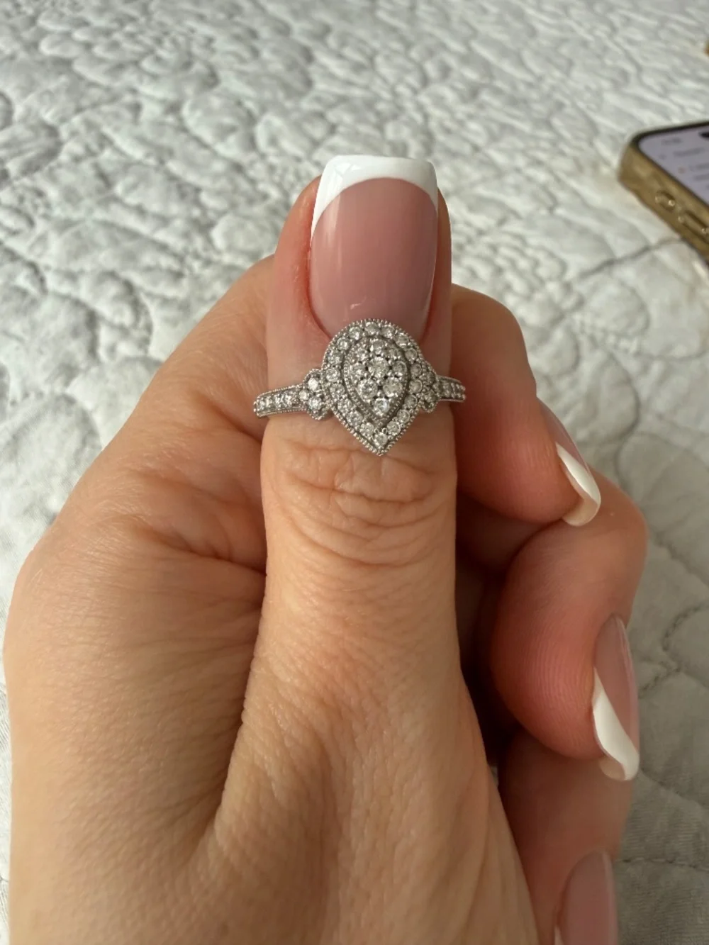 10K Gold Diamond Halo Ring Teardrop Cluster Elegant Ring - Picture 3 of 8